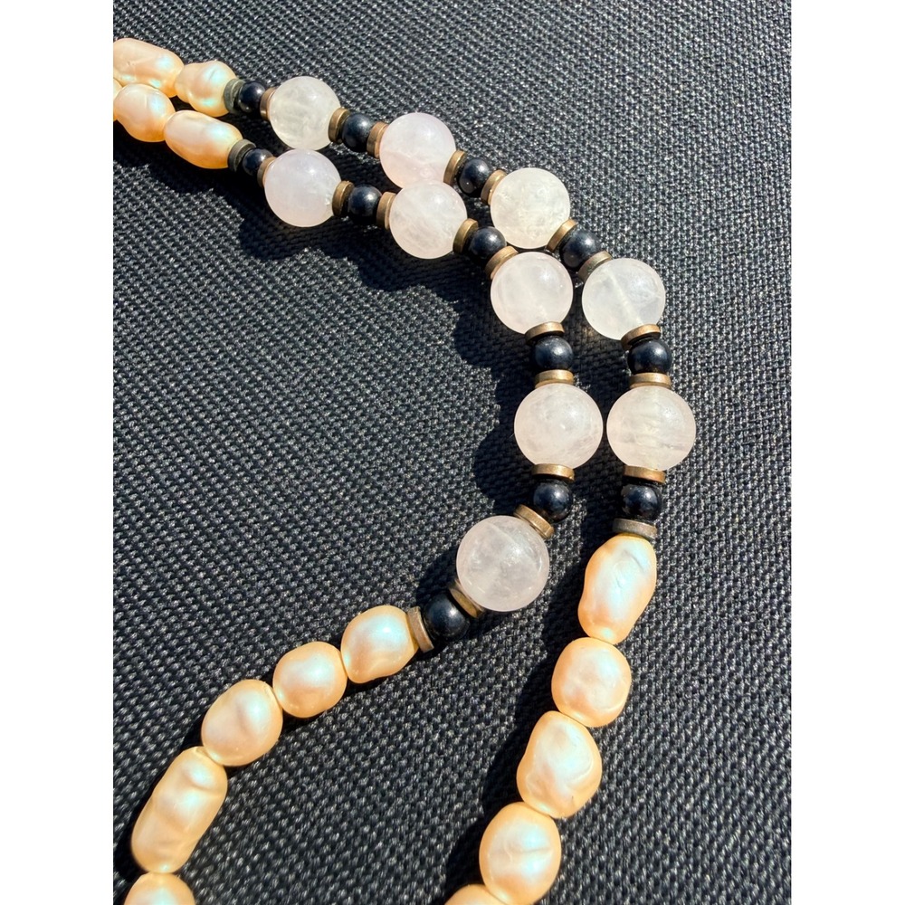 Vintage Necklace Pearl Rose Quartz Cloisonne Flower Pendant Womens Pink Cream - Picture 4 of 12